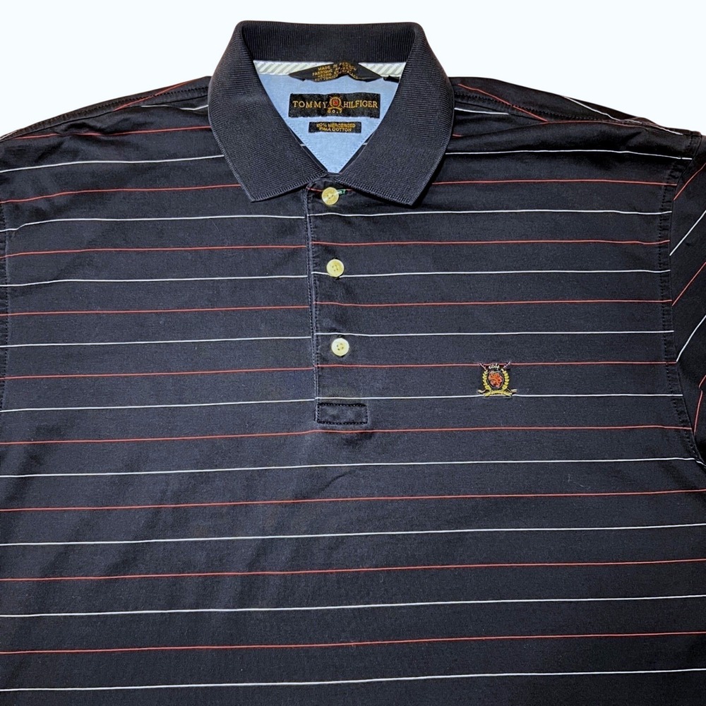 Vintage Tommy Hilfiger Golf Polo Shirt Mens XL Navy Striped Pima Cotton Crest